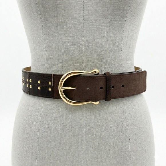 Michael Kors Accessories - Michael Kors Brown Leather Suede Patchwork Studded Waist Belt Gold Buckle Small